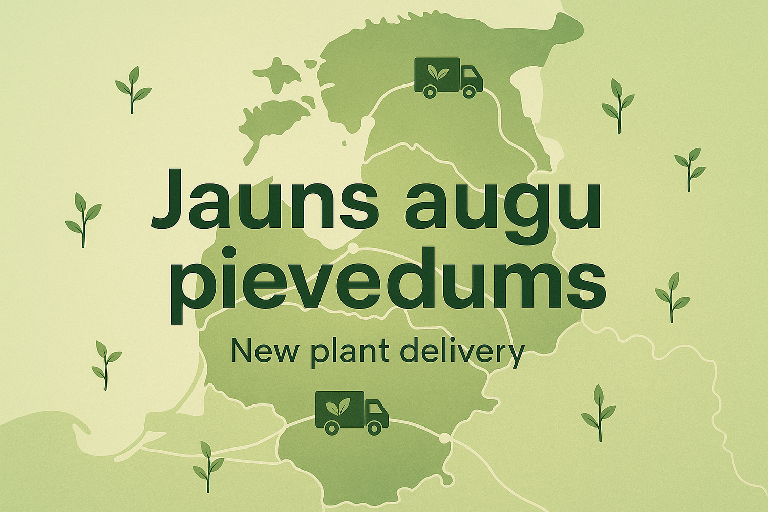 Vajag man bildi ar tekstu pa vidu. Jauns augu pievedums. Tad apakšā iztulkot to tekstu angliski. Bildes fonu vajag vaidot tā lai cilvēki saprot ka piegādi nodrošinam visā Baltijā un Somijā