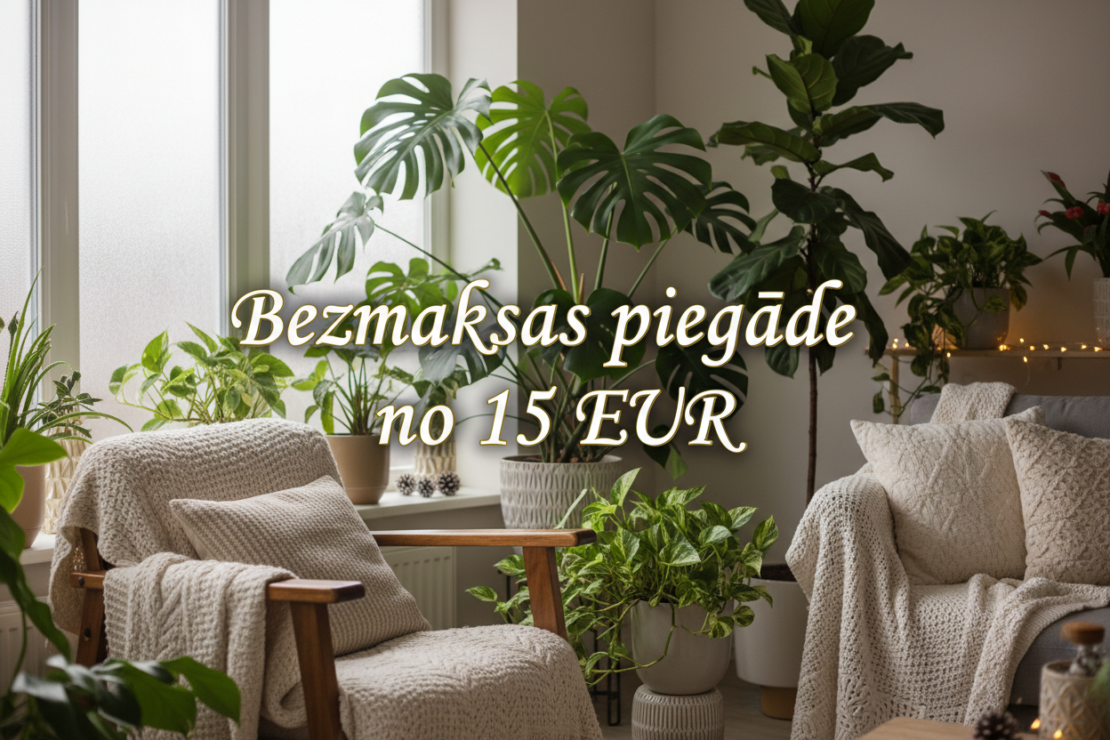 Centrā teskts bezmakas piegāde no 15 EUR , fons telpaugi ziemīgā noskaņā